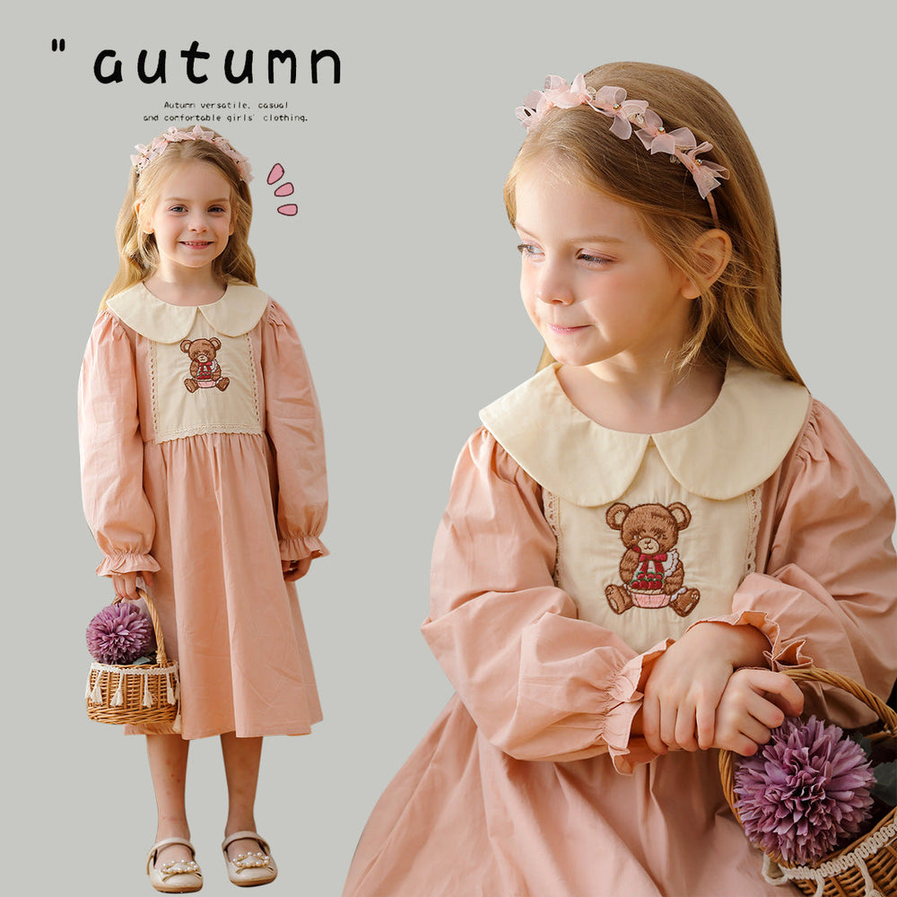 Arrival Autumn Girls Pink Long Sleeves Dress with Teddy Embroidery Pattern - MyKids-USA™
