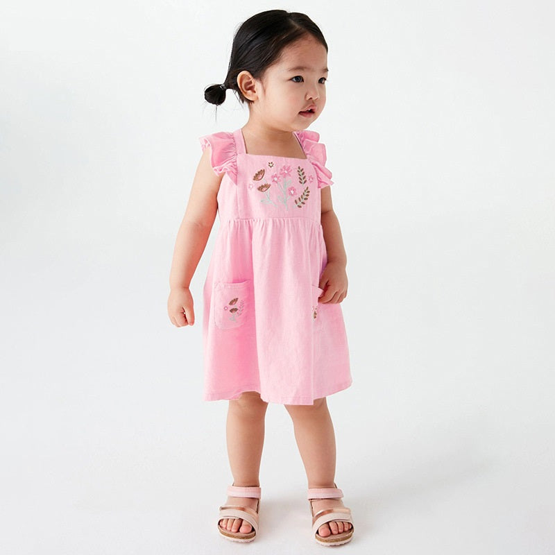 Baby Kids Girls Pink Square Neck Floral Embroidered Fly Sleeves Strap Dress - MyKids-USA™