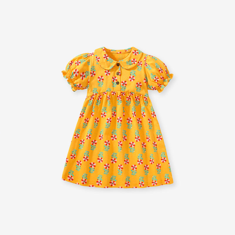 Baby Kids Girls Peter Pan Collar Floral Design Short Sleeves Dress - MyKids-USA™