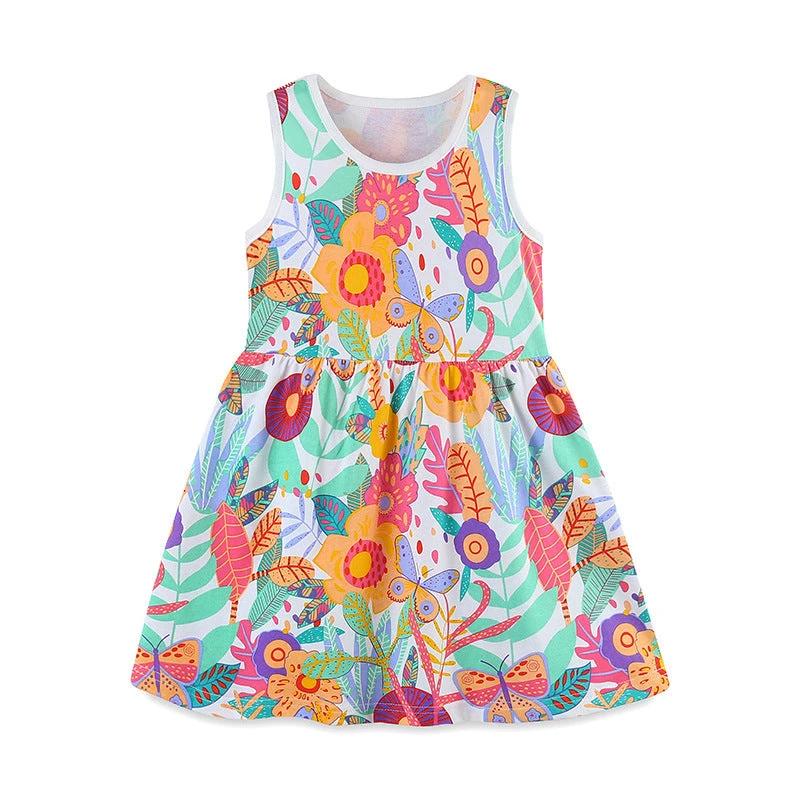 Summer Pure Cotton Cartoon Jungle Floral Pattern Sleeveless Dress for Stylish Girls - MyKids-USA™