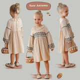 Design Autumn Girls Floral and Geometric Pattern Ruffle Collar Long Sleeves Dress