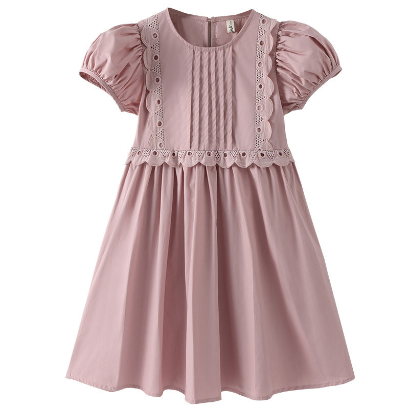 Hot Selling Summer Kids Girls Simple Style Solid Color Plain Cotton Short Sleeves Hollow Out Trim Dress - MyKids-USA™