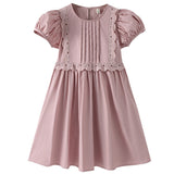 Hot Selling Summer Kids Girls Simple Style Solid Color Plain Cotton Short Sleeves Hollow Out Trim Dress - MyKids-USA™