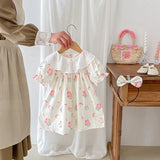 Summer Girls Flowers Pattern Short Sleeves Embroidery Collar Onesies And Dress – Sister Matching Clothing Set - MyKids-USA™
