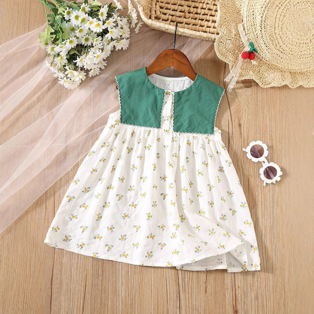 Summer Baby Kids Girls Floral Sleeveless Color Patchwork Collar Dress - MyKids-USA™