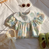 Summer Baby Kids Girls Short Sleeves Oil-Painting Flowers Pattern Dress