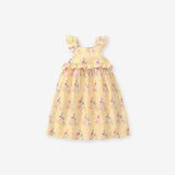 New Design Summer Girls Sleeveless Flowers Print Yellow Striped Strap Dress