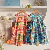 Summer Arrival Colorful Flowers Pattern Crew Neck Sleeveless Dress for Stylish Girls