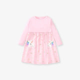 Arrival Autumn Girls Long Sleeves Rainbow And Unicorn Pattern Crew Neck Dress - MyKids-USA™
