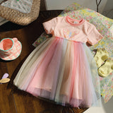 Summer Arrival Butterfly Pattern Short Sleeves Tulle Patchwork Dress for Stylish Girls