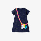 Summer Arrival Unicorn and Dots Pattern Short Sleeves Dress for Stylish Girls