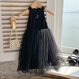 Summer Baby Kids Girls French Crew Neck Sleeveless 3D Flowers Mesh Patchwork Princess Dress