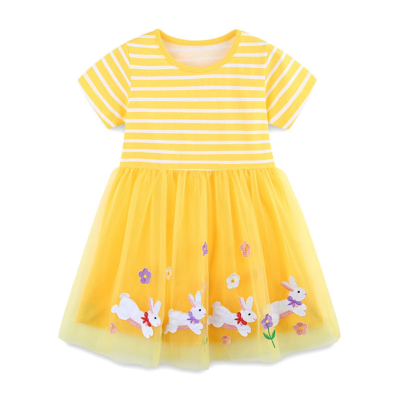 Summer Arrival Baby Girls Cute Rabbits Pattern Tulle Patchwork Short Sleeves Dress - MyKids-USA™