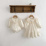 New Arrival Spring Baby Kids Girls Ruffle Collar Long Sleeves Floral Embroidery Onesies And Dress – Princess Sister Matching Set