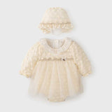Autumn Tulle Dress Design Baby Girls Beige Geometric and Heart Pattern Long Sleeves Onesies with Princess Collar and Hat - MyKids-USA™