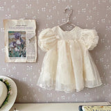 New Design Summer Kids Girls Elegant Style Floral Embroidered Mesh Short Sleeves Dress