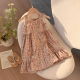 Summer Kids Girls French Style Vintage Sleeveless Single Breasted Dress