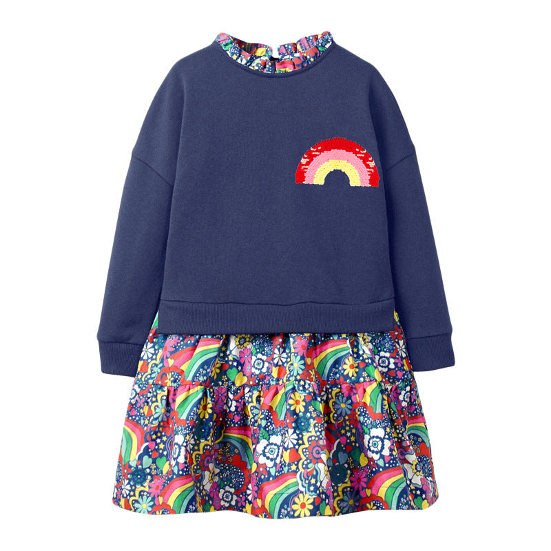 Arrival Autumn Girls Rainbow Embroidery Sweatshirt Patchwork Vivid Floral Dress - MyKids-USA™