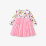 Design Autumn Girls Flowers Pattern Crew Neck Long Sleeves Pink Tulle Patchwork Princess Dress