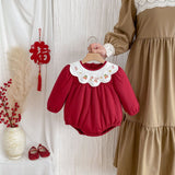 Winter Arrival Baby Girls Cute Rabbits and Fruits Embroidered Pattern Warm Padded Thick Onesies