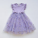 Summer Arrival Fly Sleeves Flowers Pattern Tulle Patchwork Dress for Stylish Girls
