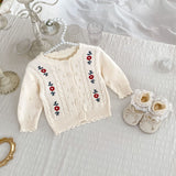 Autumn Arrival Baby Kids Girls Comfortable Floral Pattern Embroidered Knitted Long Sleeves Cardigan