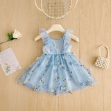 Summer Hot Selling Kids Girls Cute Blue Sleeveless Floral Tulle Dress