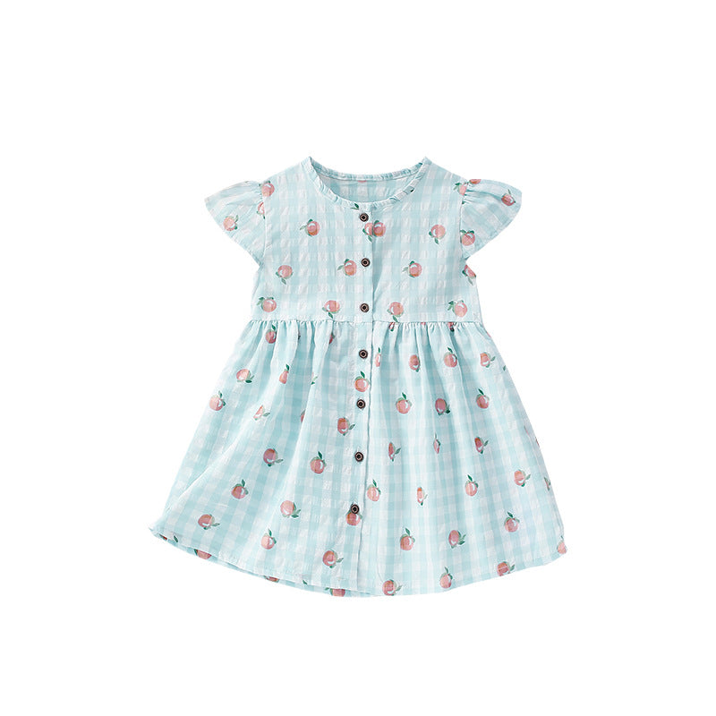 Summer Arrival Fruits Pattern Fly Sleeves Single Breasted Plaid Dress for Stylish Girls - MyKids-USA™