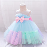 Summer Baby Kids Girls Princess Crew Neck Sleeveless 3D Butterfly Bow Colorful Mesh Dress