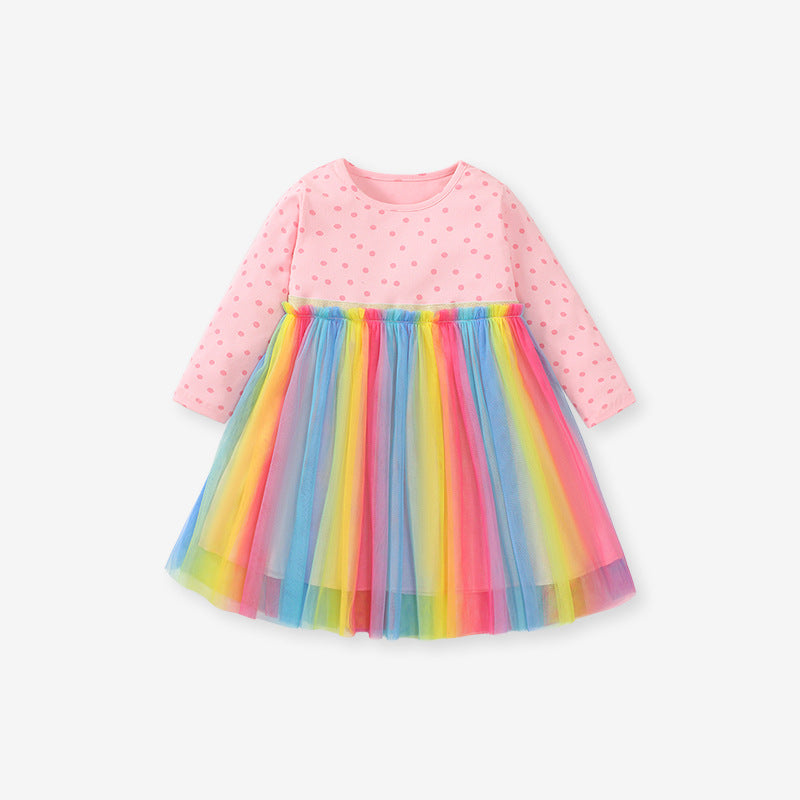 Autumn Long Sleeve Coloured Mesh Patched Design Dress - MyKids-USA™