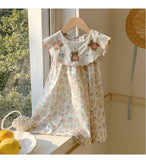 Summer Baby Kids Girls Sleeveless Teddy Bear and Flowers Pattern Dress