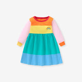 New Arrival Autumn Girls Long Sleeves Rainbow Color Patchwork Crew Neck Dress