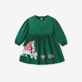 Arrival Autumn Girls Cartoon Floral Horse Crew Neck Long Sleeves Green Princess Dress - MyKids-USA™