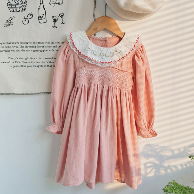 Spring and Autumn Pink Long-sleeved Dress with Floral Pattern Collar for Stylish Girls - MyKids-USA™