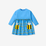 Design Autumn Girls Vivid Floral Pattern And Bees Pocketed Long Sleeves Dress