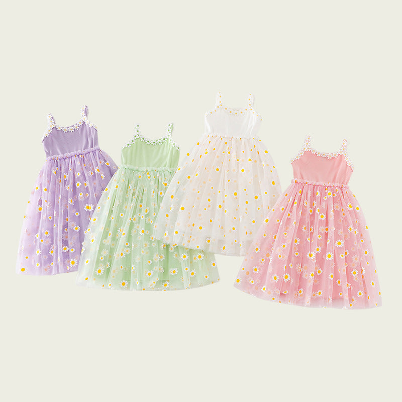 Summer Baby Kids Girls Sleeveless Floral Daisy Pattern Mesh Strap Dress - MyKids-USA™