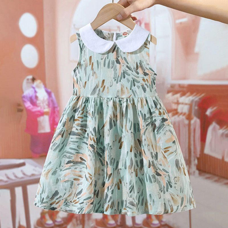 Arrival Summer Girls Sleeveless Peter Pan Collar Colorful Pattern Thin Dress - MyKids-USA™