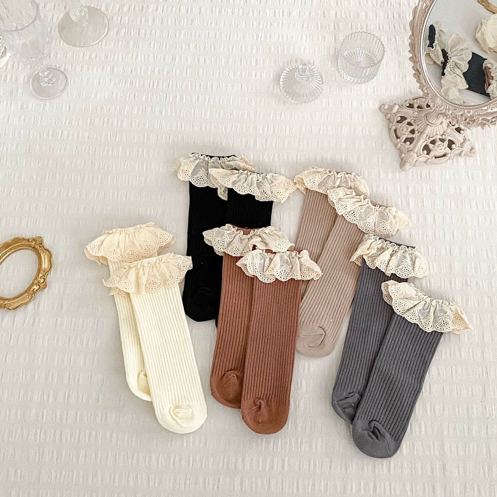 Spring Style Girls’ Versatile Solid Color Lace Trim Mid-calf Socks - MyKids-USA™