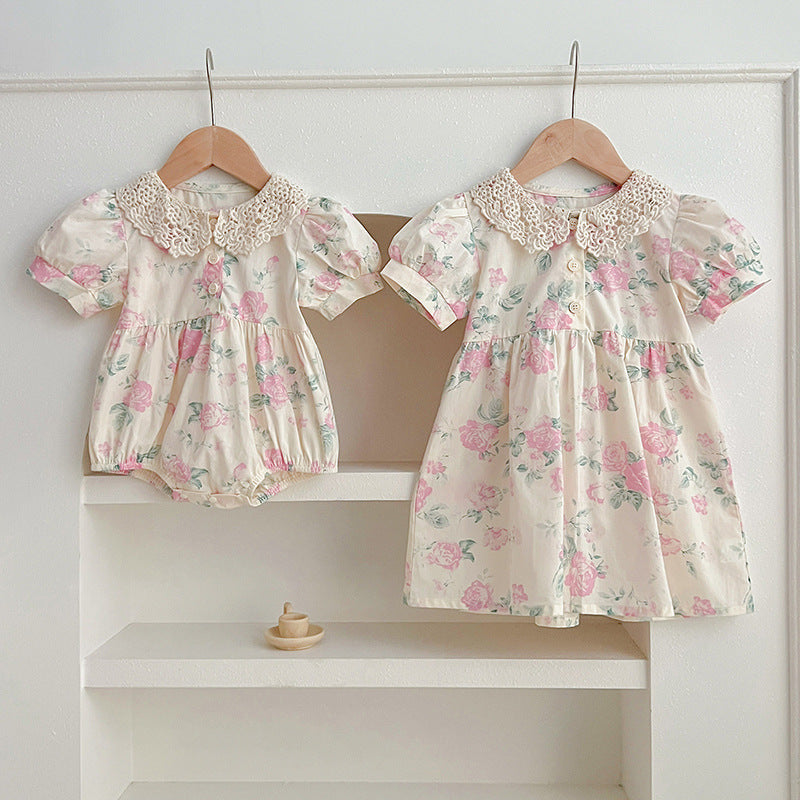 Summer Girls Floral Pattern Hollow Out Peter Pan Collar Short Sleeves Onesies And Girls’ Dress – Princess Sister Matching Set - MyKids-USA™