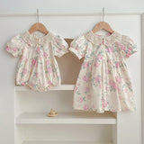 Summer Girls Floral Pattern Hollow Out Peter Pan Collar Short Sleeves Onesies And Girls’ Dress – Princess Sister Matching Set - MyKids-USA™