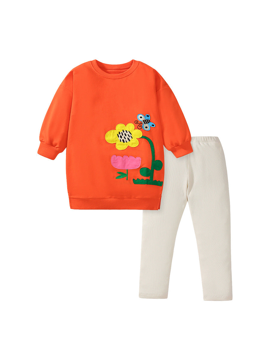Spring And Autumn Girls Flower, Bee Pattern Top Sweatshirt And Solid Color Pants - MyKids-USA™