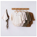 Spring Arrival Baby Unisex Long Sleeves Striped Onesies Bodysuits with Simple Embroidery