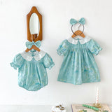 Design Summer Girls Flowers Pattern Short Sleeves Hollow Out Collar Onesies And Dress – Sister Matching Clothing Set - MyKids-USA™