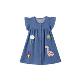 Summer Arrival Denim Cartoon Pattern Fly Sleeves Dress for Stylish Girls