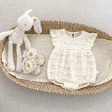 Summer Arrival Baby Girls Cute Fly Sleeves Crew Neck Solid Color Lace Striped Onesies