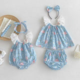 Summer Girls Flowers Pattern Sleeveless Lace Strap Onesies And Clothing Set – Sister Matching Clothing Set