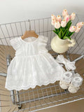 New Design Summer Girls Floral Embroidered Hollow Out Short Sleeves Onesies Dress - MyKids-USA™