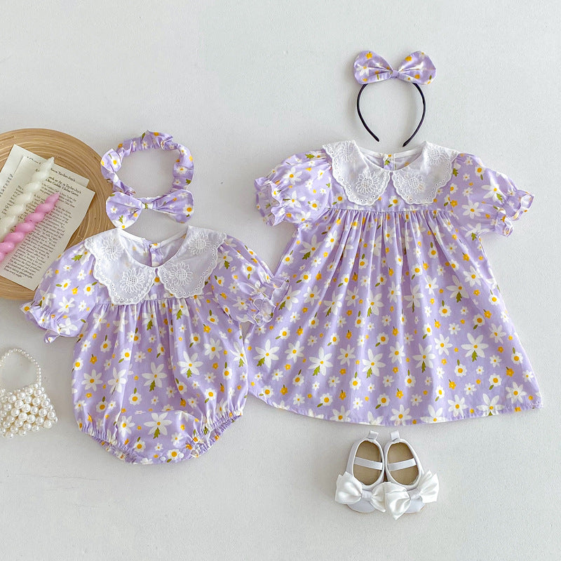Summer Girls Flowers Pattern Short Sleeves Embroidery Collar Onesies And Dress – Sister Matching Clothing Set - MyKids-USA™