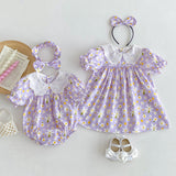 Summer Girls Flowers Pattern Short Sleeves Embroidery Collar Onesies And Dress – Sister Matching Clothing Set - MyKids-USA™