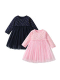 Design Autumn Girls Tiny Heart Print Crew Neck Long Sleeves Tulle Patchwork Dress - MyKids-USA™